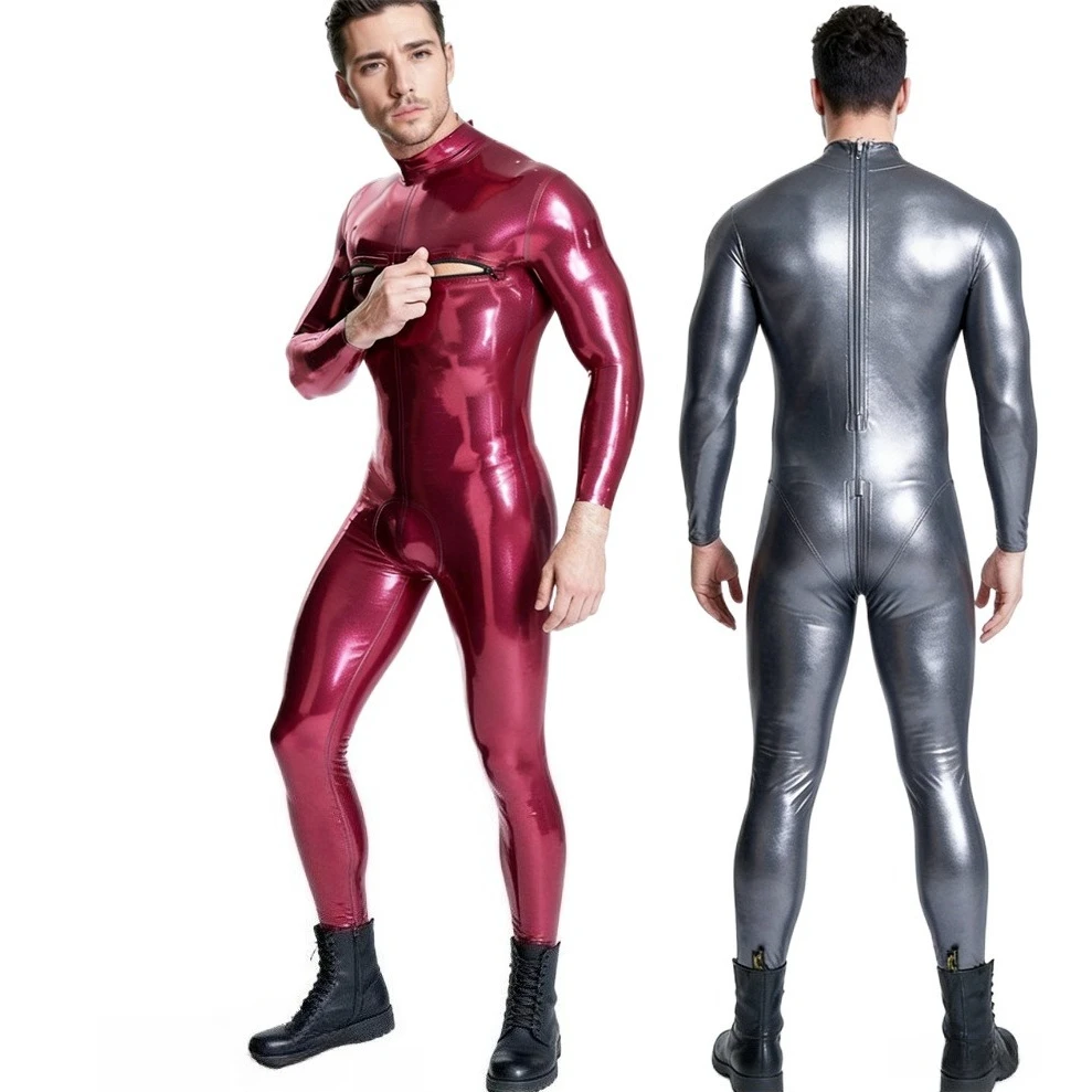 

Rubber Bodysuit Latex Suit Turtleneck Double Zipper Design Wine Red Silver Full Body Catsuit Wear customized
