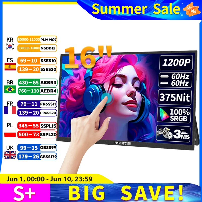 HGFRTEE – moniteur tactile Portable de 16 pouces, 16:10 96% sRGB, 350Cd/m2, deuxième écran pour ordinateur Portable avec support, Type C, Compatible HDMI