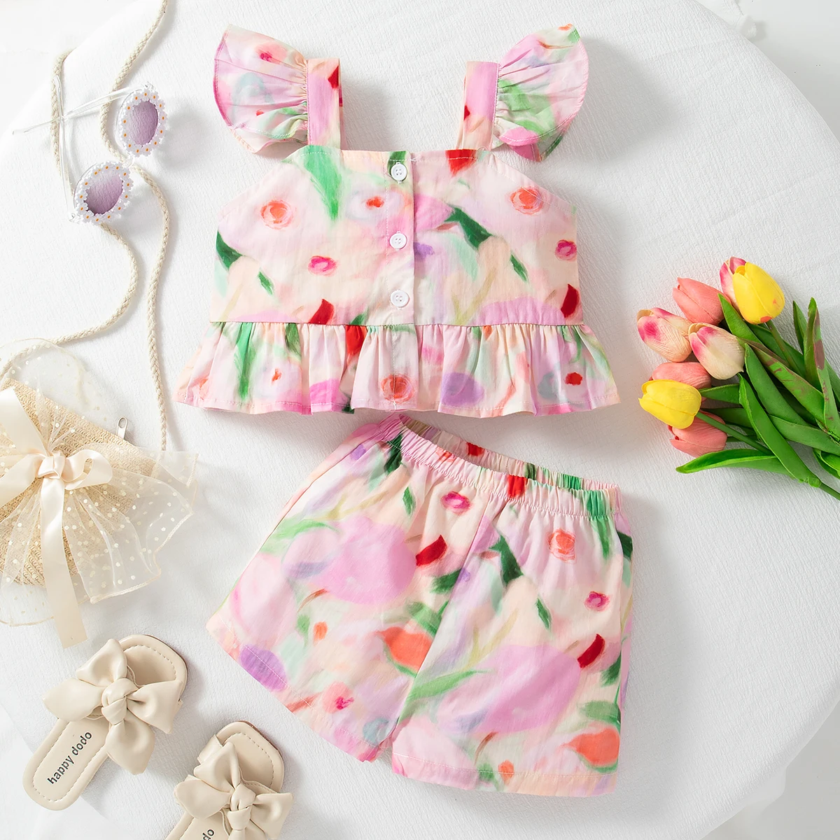 2 Pieces Summer Sleeveless Flower Cotton Baby Set 0-2 Years Old Baby Clothes For Girl Button Up Top Shorts Comfortable Set