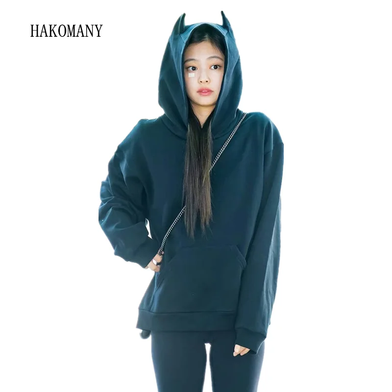 

Women Pullover Casual Jumper Terry Sweats Oversized Sweatshirt Harajuku Monster 3D Ears Hooded Hoodies Pure Color Long-Sleeve