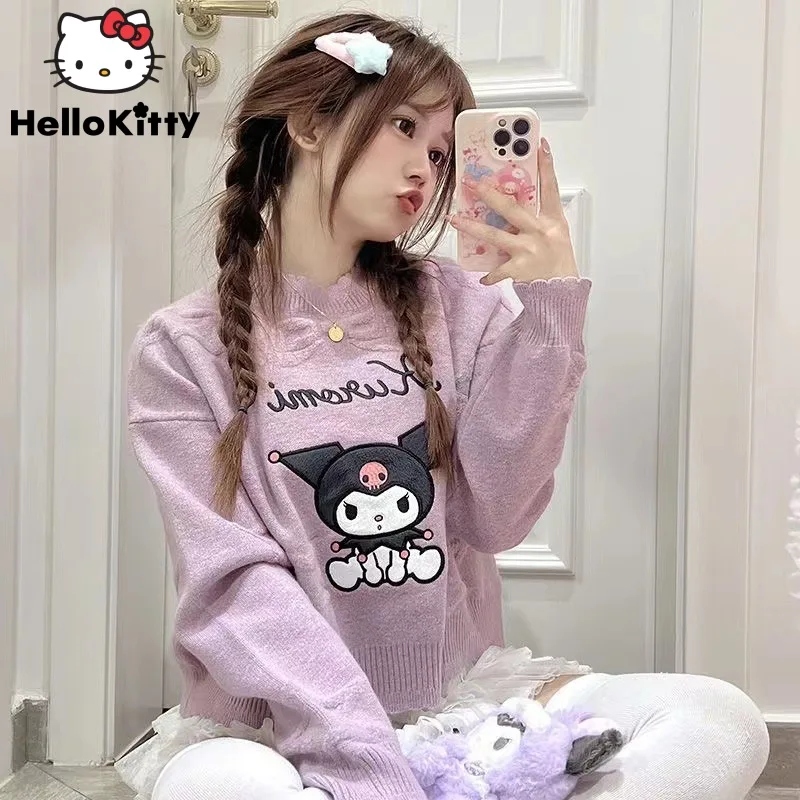 Sanrio Kuromi Melody Cute Soft Girl Embroidered Round Neck Sweater Autumn Winter Short Knitted Top Women Japanese Style Sweaters