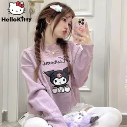 Sanrio Kuromi Melodie niedlichen weichen Mädchen bestickt Rundhals pullover Herbst Winter kurze gestrickte Top Frauen japanischen Stil Pullover