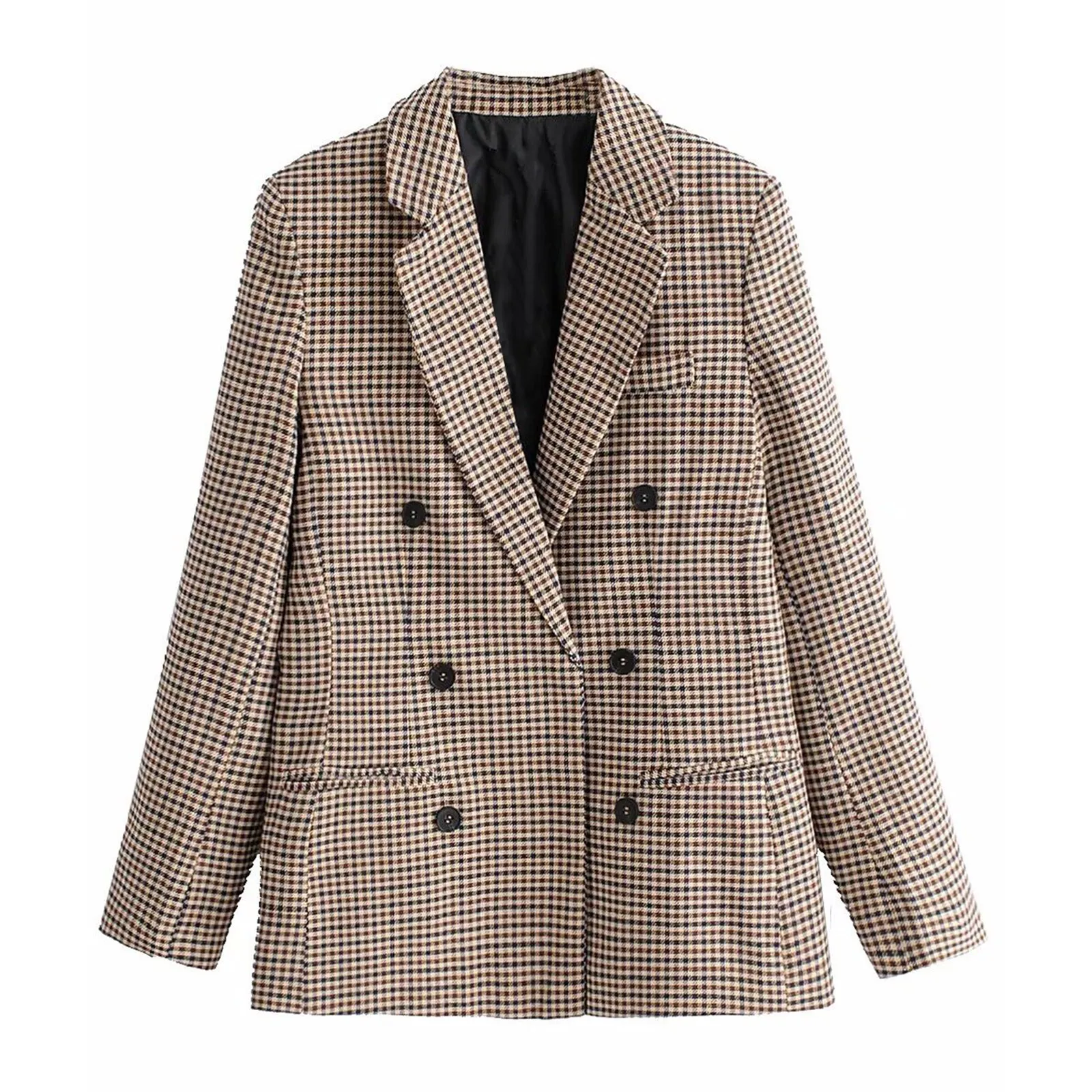 New Blaser Coat Vintage Houndstooth Women Woolen Blazer Double Breasted Plaid Female Suit Jacket Fashion Korean Outerwear Loose