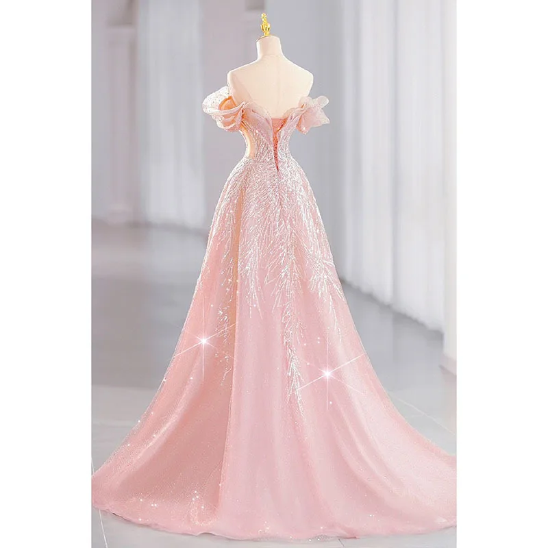 Elegant Pink Fleeing Princess Evening Gown Women's High-End Luxury Engagement Toasting Dress Slimming Long Wedding Dress