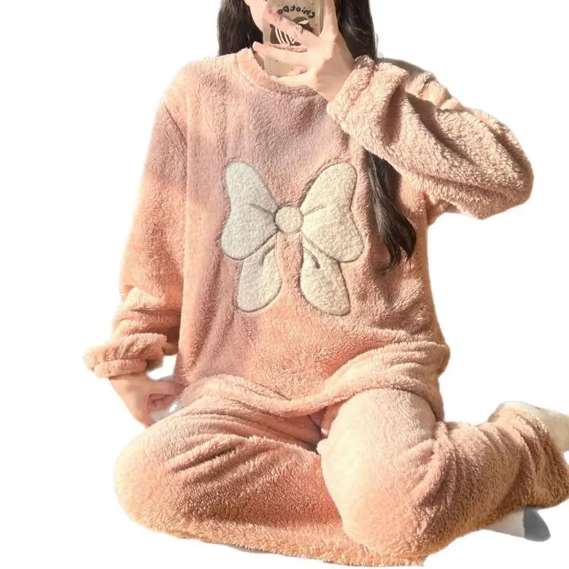 بيجامة نسائية شتوية سميكة مبطنة بالصوف الدفء ملابس نوم مريحة بأكمام طويلة وسراويل ملابس منزلية