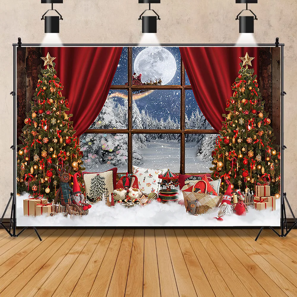 

SHUOZHIKE Christmas Tree Flower Wreath Wooden Gift Photography Backdrop Window Snowman Cinema New Year Background Prop GH-78