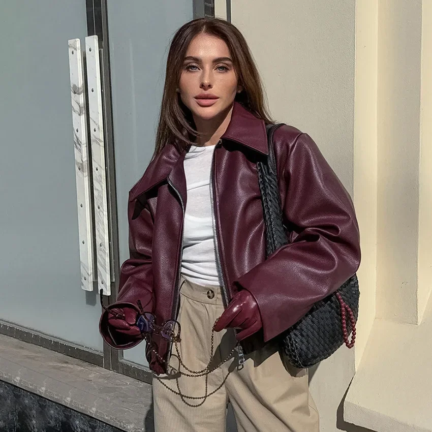 Retro Wine Red Faux Leather Jacket Women Fashion Outerwear Thicken Ziper Lapel Pu Coats Autumn Winter Streetwear Ladies Tops
