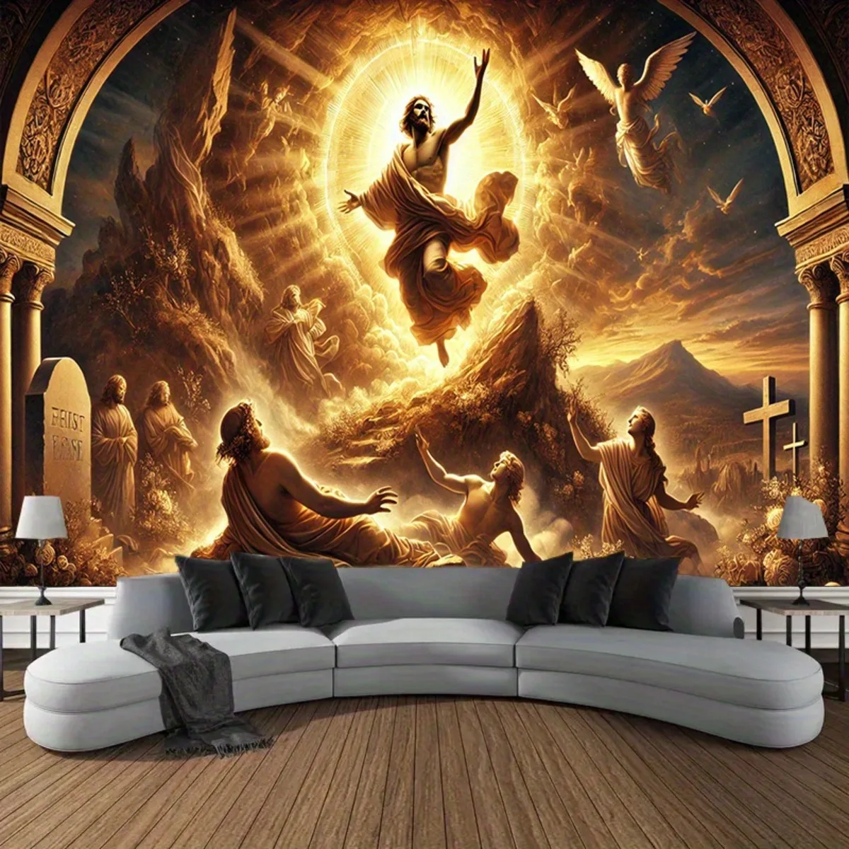 Tapisserie murale biblique spectaculaire de la Résurrection de Jésus, Art religieux de la Résurrection du Christ, Décoration divine et céleste du Évangile 180x280cm