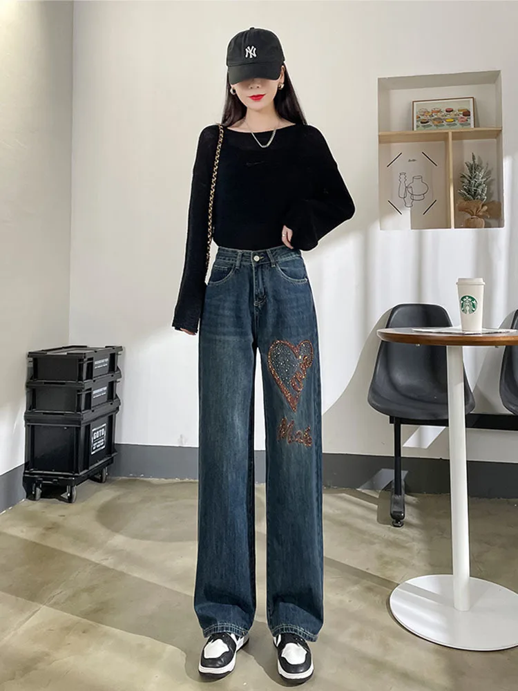 Embroidered Jeans Women's Spring and Autumn 2023 New High Waist Loose Straight Tube Hot Diamond Drop Wide Leg Floor Pants