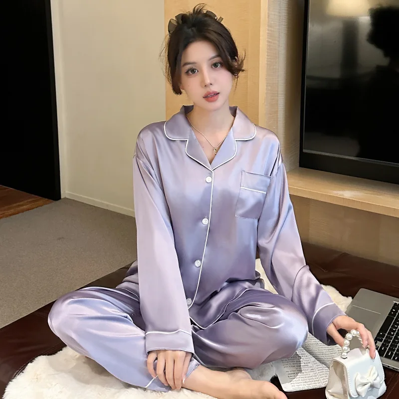 Women\'s Pajamas Sets Spring Autumn 2 Piece Buttons Down Pyjama Faux Silk Satin Sleepwear Long Sleeve Pijama Mujer Pjs Homewear