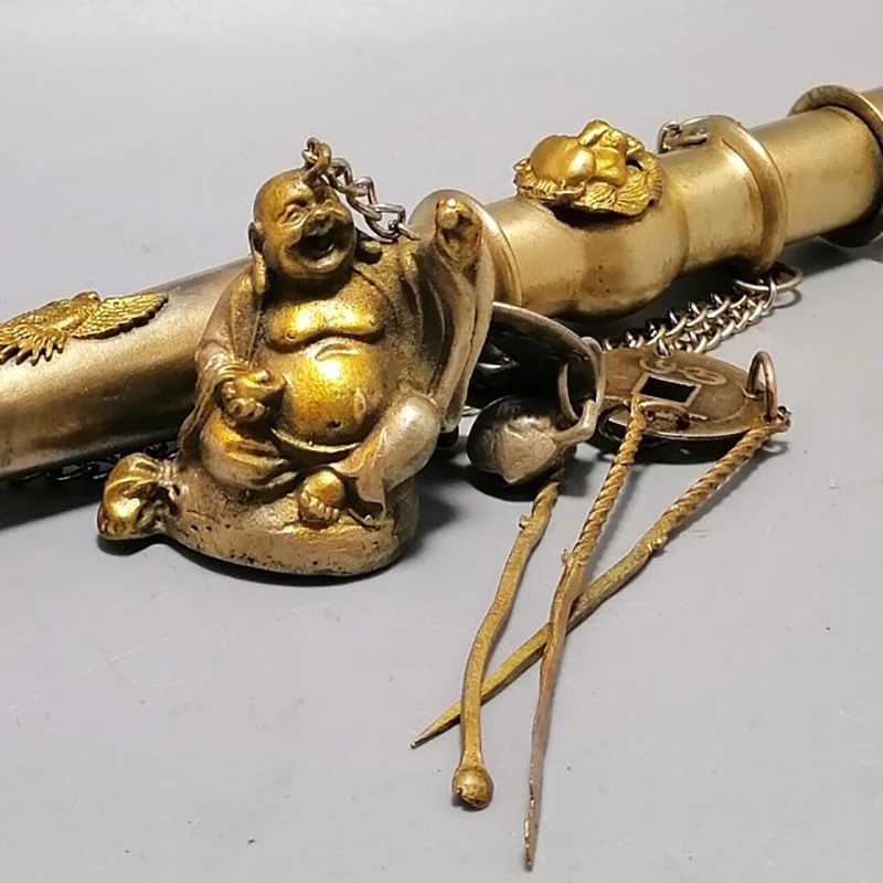 Antique Collectible with Maitreya , Brass Big-Belly Smoking Pouch Ornament, Bronze Buddha Stat