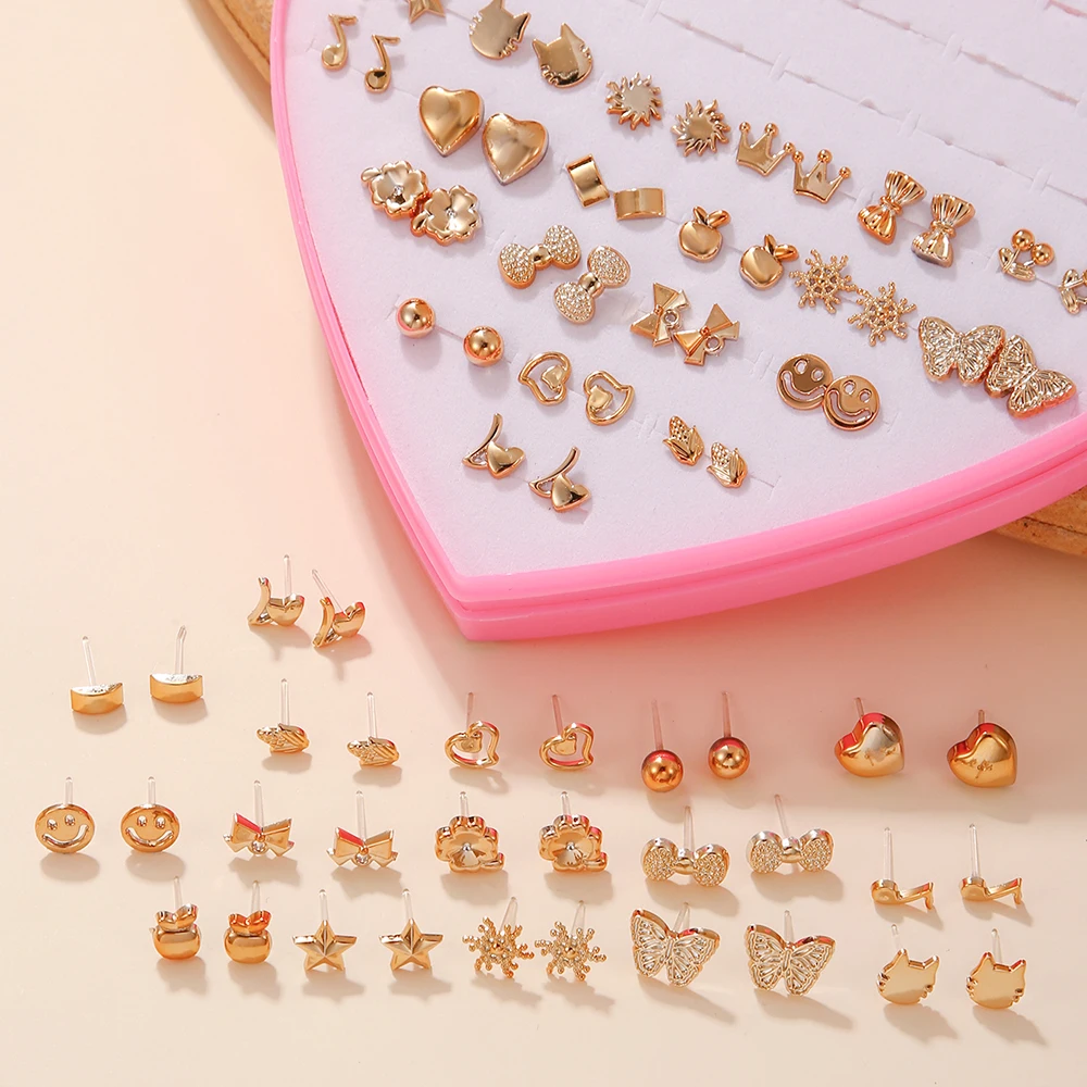New Design Random 36 Pairs/Lot Lovely Mini Earing Cute Snowflakes Cat Butterfly Stud Earrings For Girl Fashion Daily Ear Jewelry