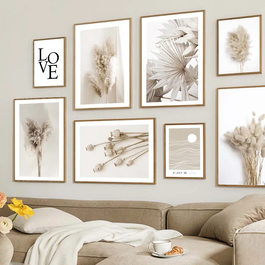 Beige Schilfgras Mohnblume Palmblatt Löwenzahn Wandkunst Wandbild Leinwanddruck Poster Dekoration Bilder Wohnzimmer