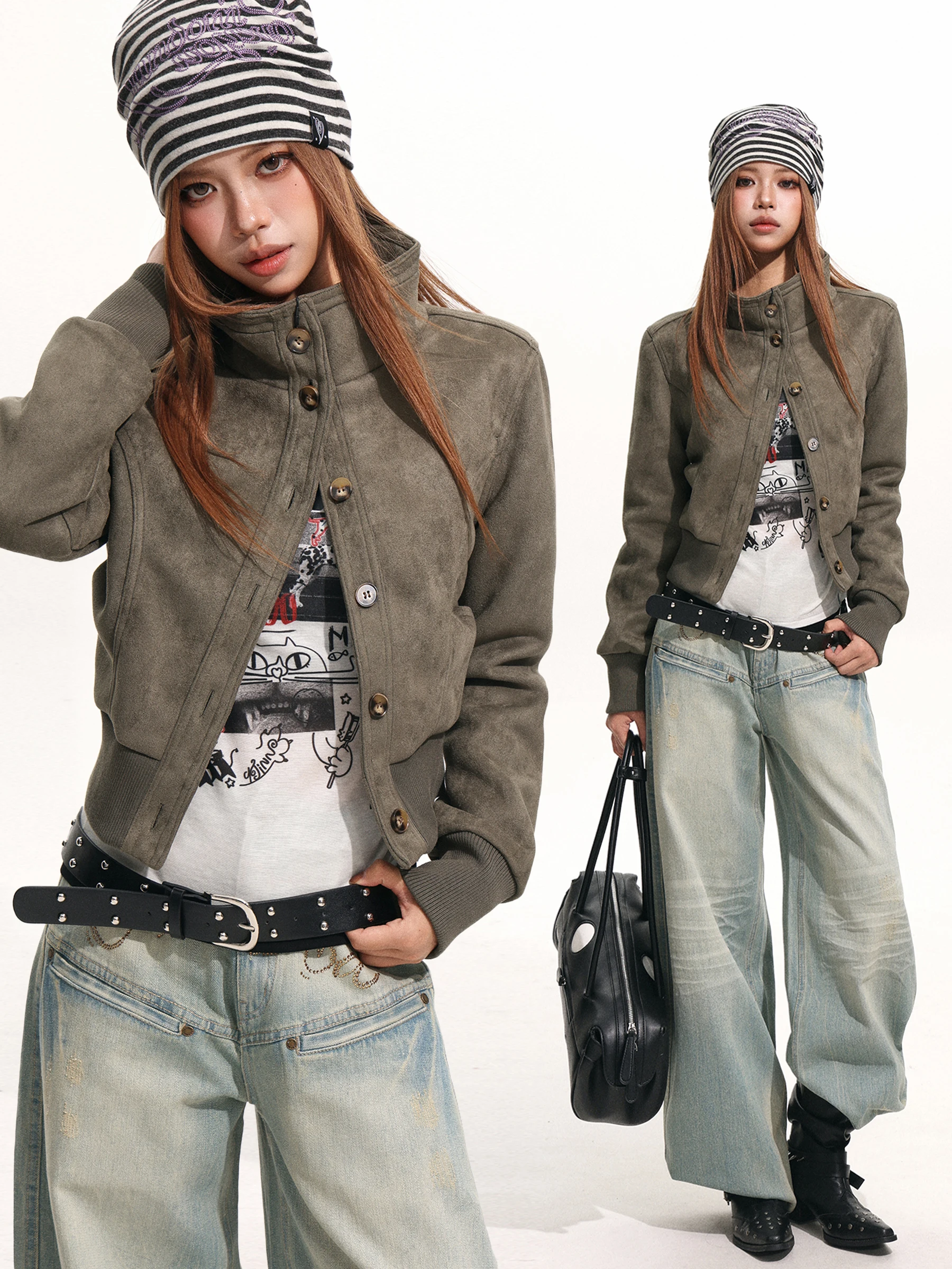 Chaqueta de Diseño Americano con Cuello Mao para Mujer, Top Corto Ajustado, Cárdigan Abierto de Ante Sexy, Moda Otoñal, Ropa ...
