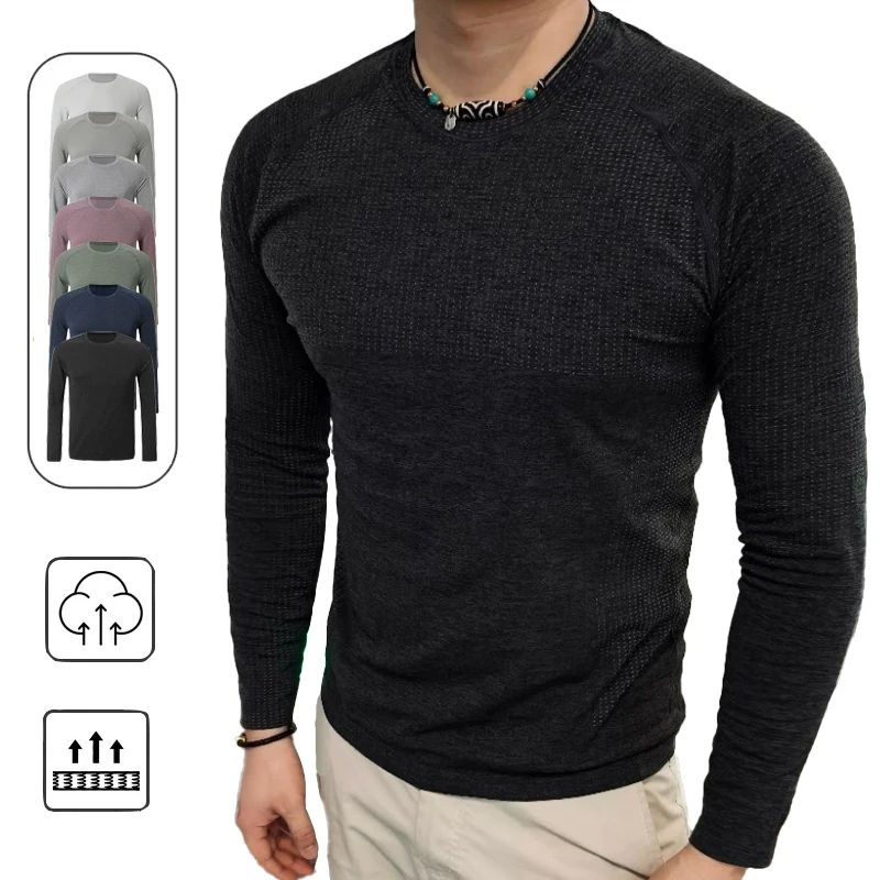 

(S-3XL) Мужская рубашка с длинным рукавом, ионная быстросохнущая базовая рубашка, топы для фитнеса, впитывающие влагу, бесшовная рубашка для бега в тренажерном зале