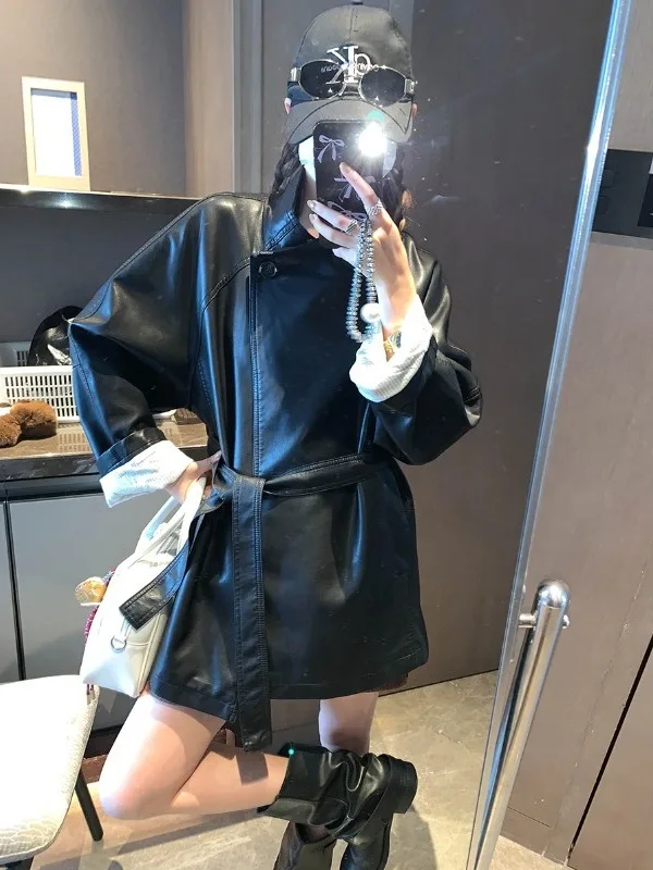 سترة من جلد البولي يوريثان عالية nce مع حزام وياقة واقفة وخصر حزام طويل للنساء الشابات في الخريف #3