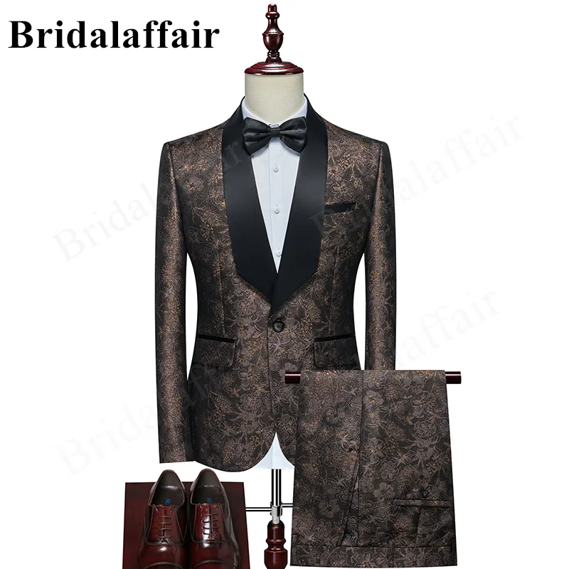 

Bridalaffair 2 Pieces Coffee Pattern Slim Fit Men Suit Tuxedo Groom Wedding Clothes Blazer Business Formal Classic Costume Homme