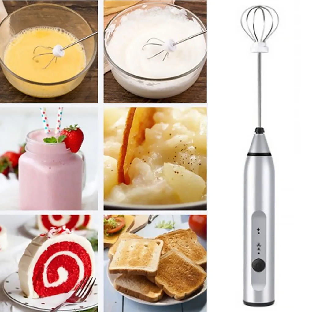 Electric Milk Frother Rechargeable Egg Beater 3 Speed Foam Maker Handheld Whisk Drinks Mixer, Silver