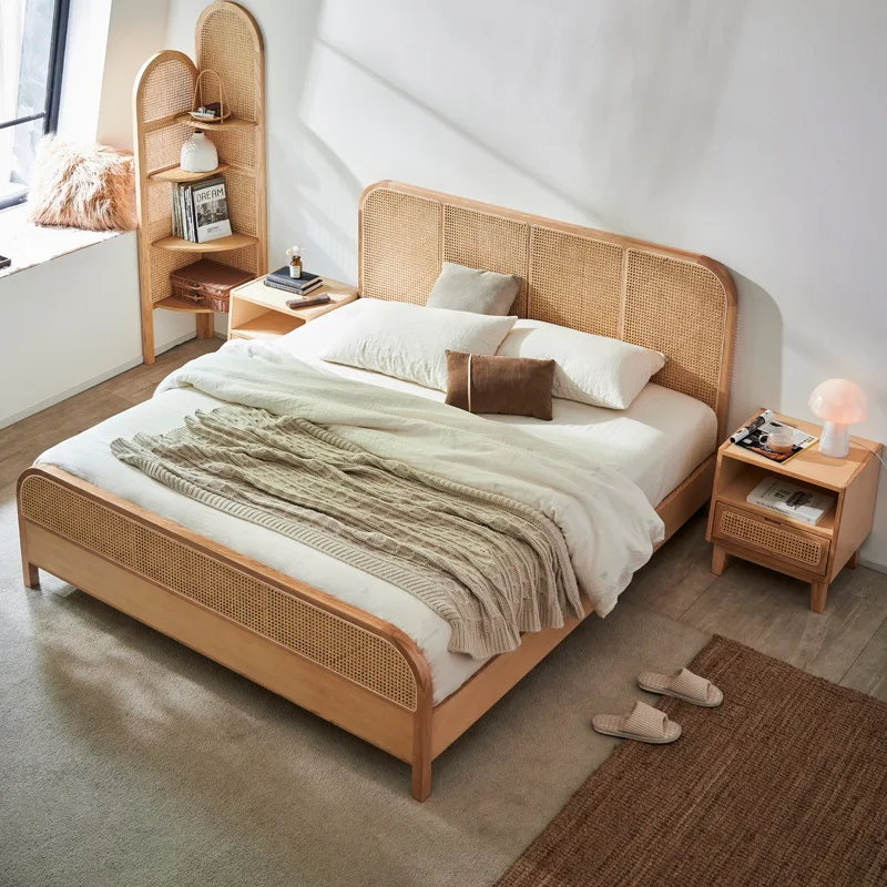 Wabi-sabi style rattan solid wood bed bedroom simple double bed simple hotel home 1.5 ash wood rice single bed