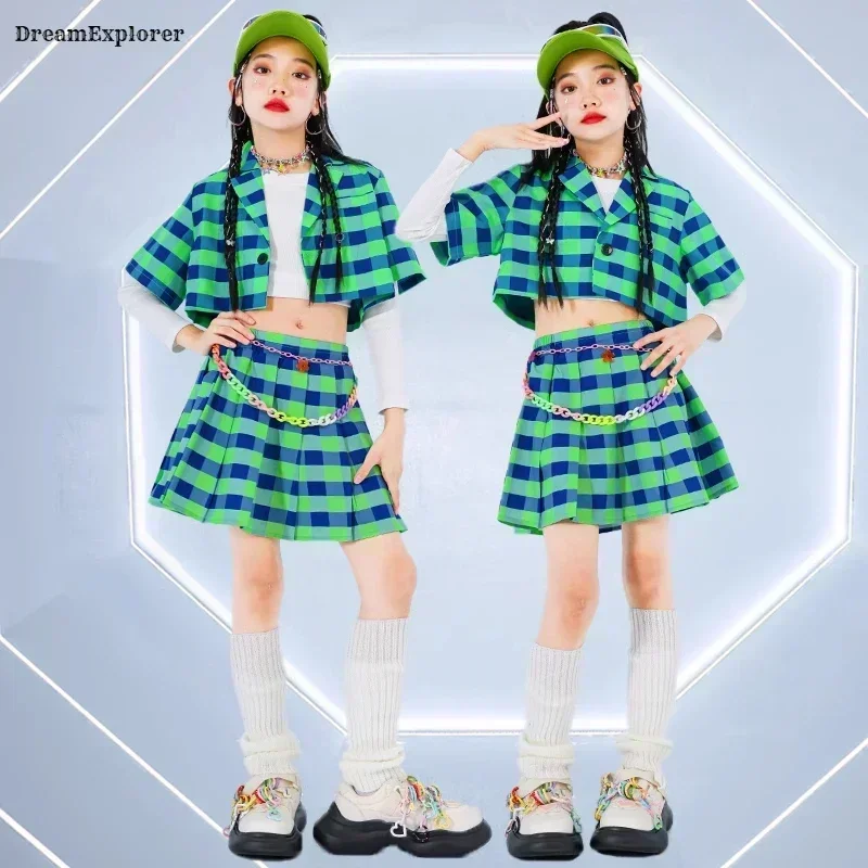 Girls K-pop Crop Top Plaid Shirt Street Dance Skirts Jazz Costumes Kids Hip Hop Summer Clothes Sets Children Sweet Streetwear