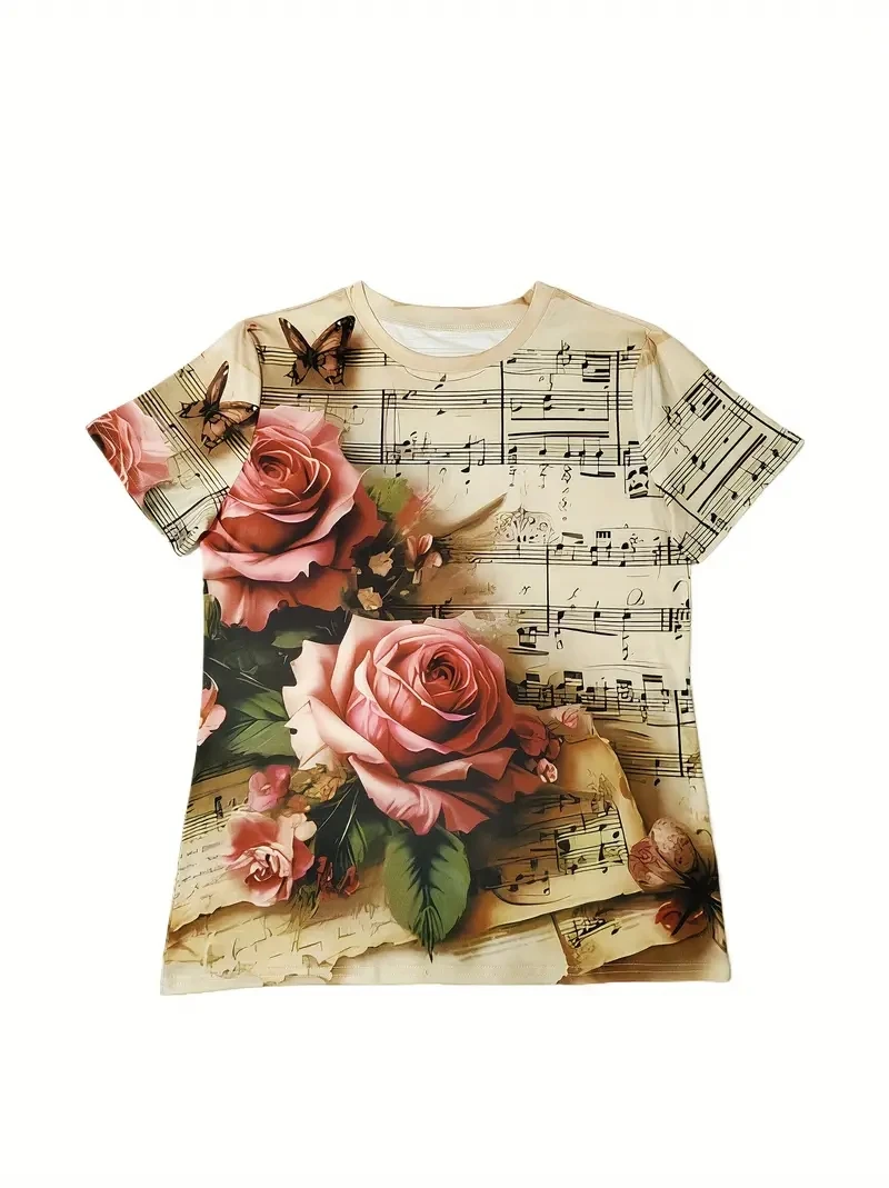 Damen PLUS Größe 3D Retro bedrucktes Kurzarm-T-Shirt, locker und lässig, weich, bequem und atmungsaktiv, Outdoor-Sport