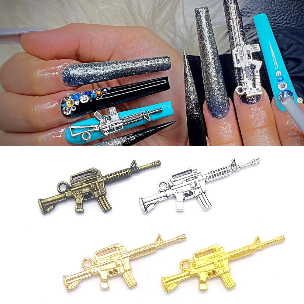 10Pcs Machine Gun AK47 Nail Art Charms Alloy Assault Rifles 45x16mm Pendant Vintage Bracelet Necklace Decorations Nail Jewelry