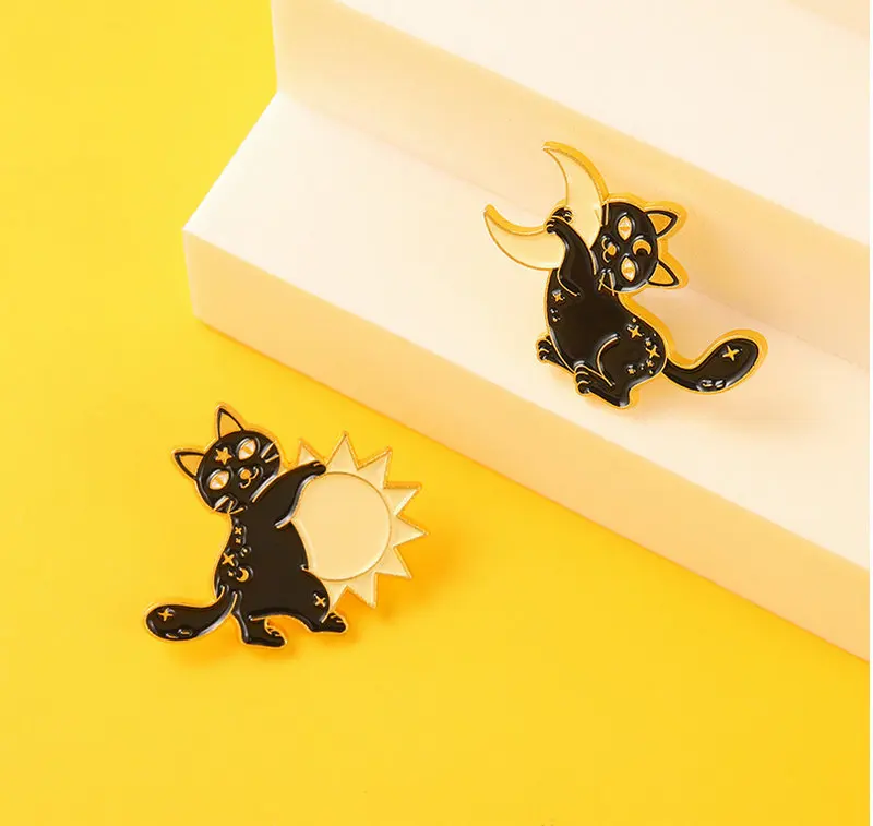 Pins Custom Sun Moon Stars Gothic Cats Lover Brooches Lapel Badges Bag Punk Dark Jewelry Gift for Kids Mysterious Night Enamel