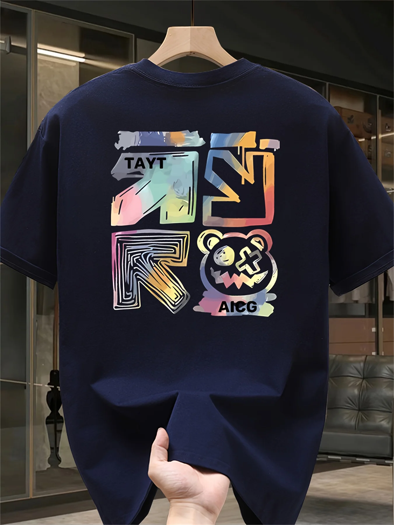 Colorful Graffiti Bear and Arrow Print on Premium Soft 100% Cotton Mens T shirt Perfect for Summer Streetwear and Casual Style