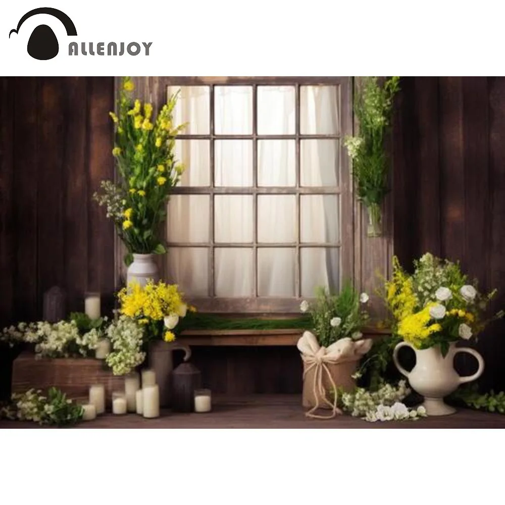 Allenjoy Spring Window Flowers Photography Backdrop Rustic Vases and Candles Photoshoot Background