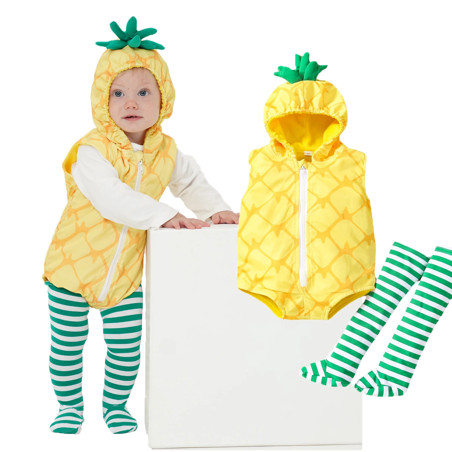 Umorden 0-18M Unisex Yellow Duckling Baby Duck Costume Hoodie Bodysuit Romper Stocking 2pcs/set Sleeveless Halloween Purim