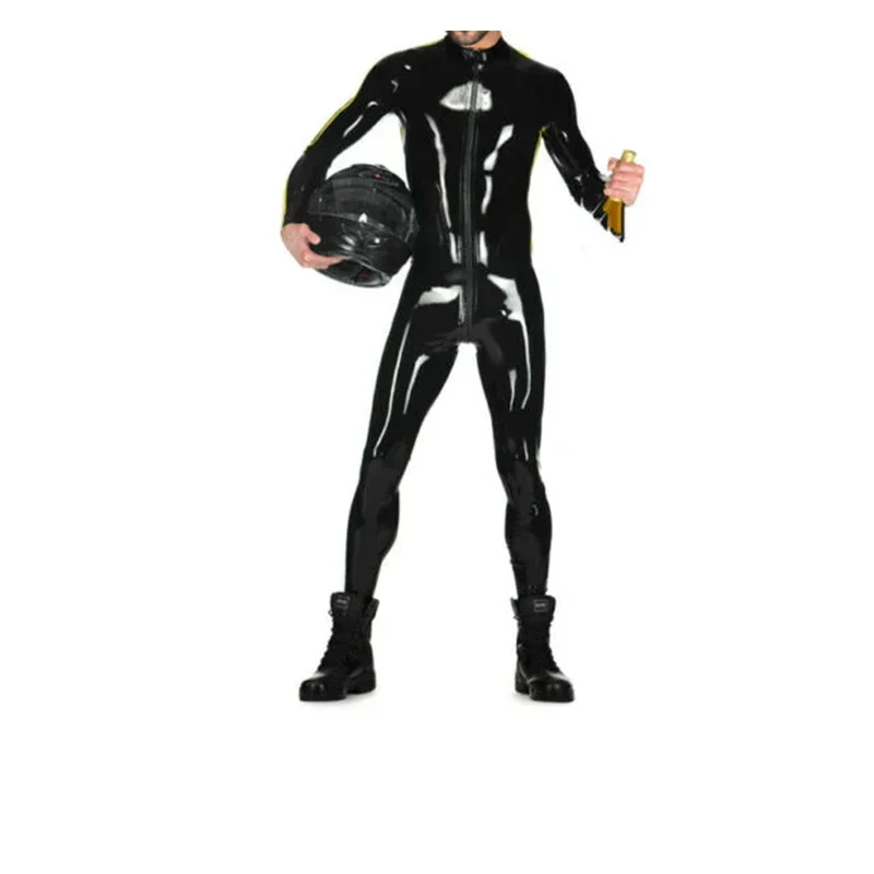 Handmade Latex CatsuitLeotard Polo-Shirt Style Cool Rubber Bodysuit with Front Zip Trim Customized .4mm