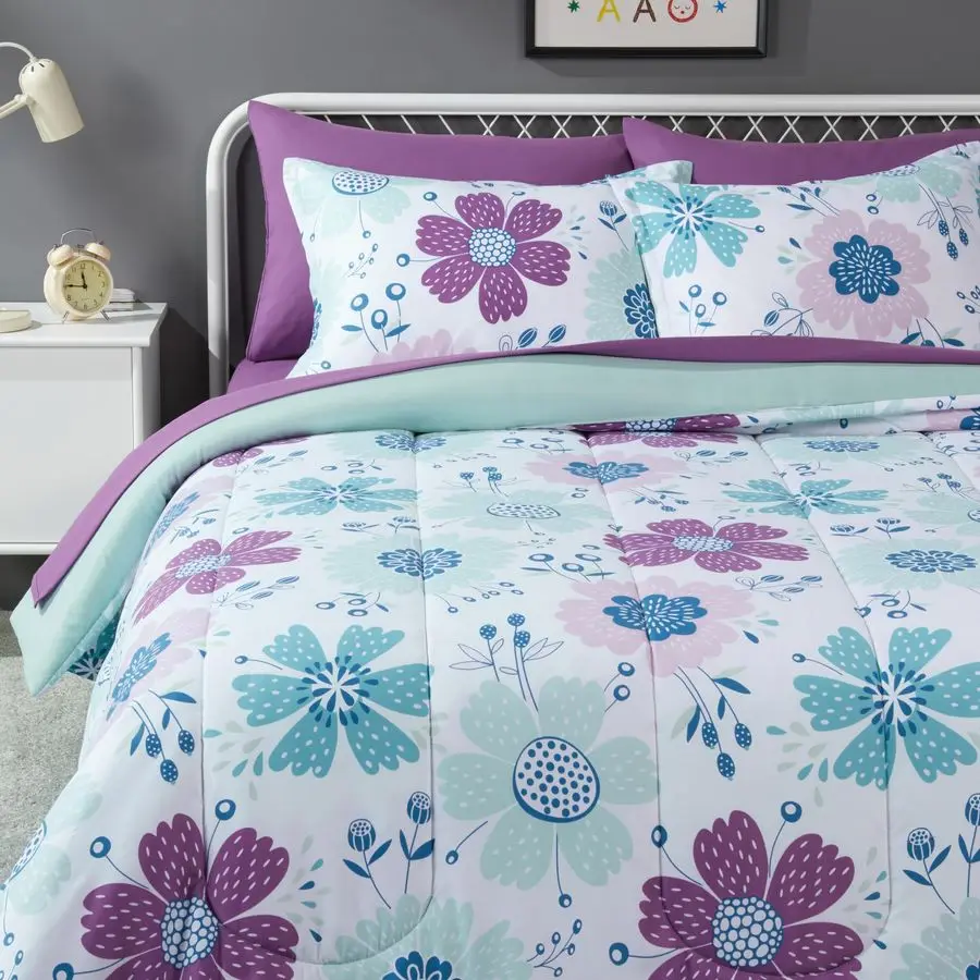 

Комплект постельного белья из микрофибры для детей, 7 предметов, в сумке-чехле, размер Full Queen, с голубыми цветами, цветочный узор