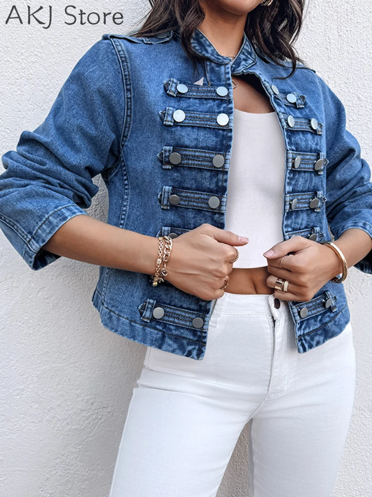 

Button Decor Stand Collar Long Sleeve Jacket Casual Denim Coat