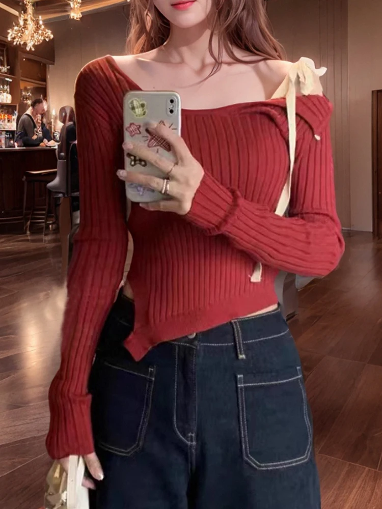 Sexy oulder knooptrui dames lente woon-werkverkeer Sle slim fit gebreide top Koreaanse versie lang Sve