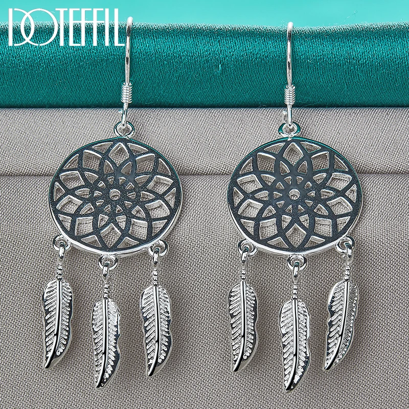 DOTEFFIL 925 Sterling Silver Fine Dream Catcher Feathers Earrings for Woman Fashion Designer Party Wedding Jewelry Gifts