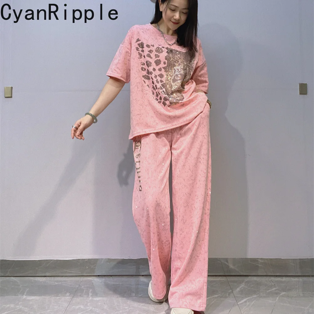

Trendy Spring Summer Women Two-piece Set Hot Diamonds Loose Short Sleeve T-shirt Top + Elastic Waist Wide Leg Straight Pants