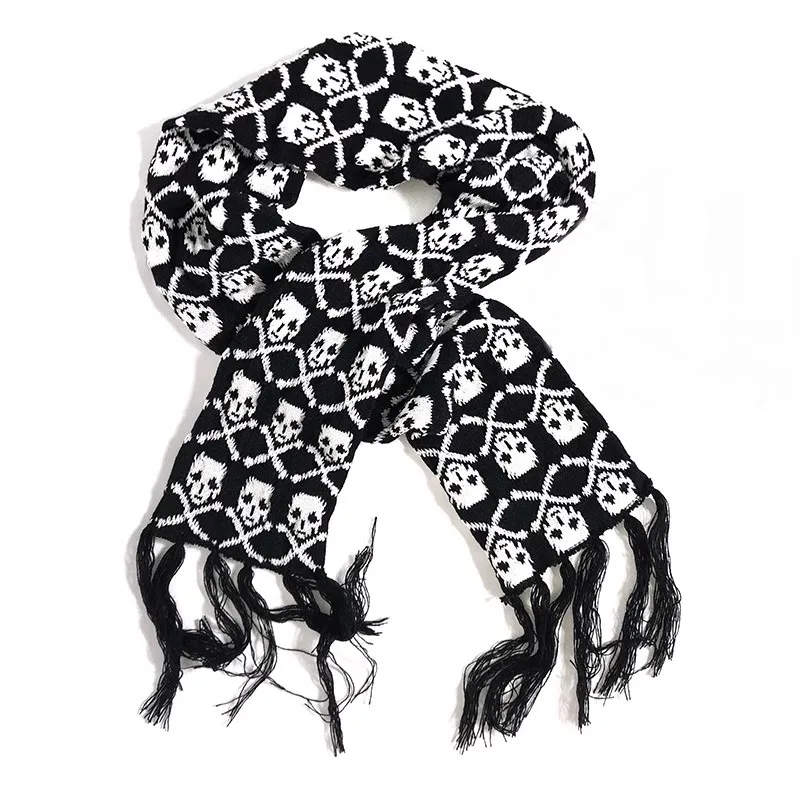 Punk Dark Style Y2k Girls Subculture Harajuku Thick Warm Knit Scarf Skull Wrap for Women Men Goth Black White Vintage Scarves