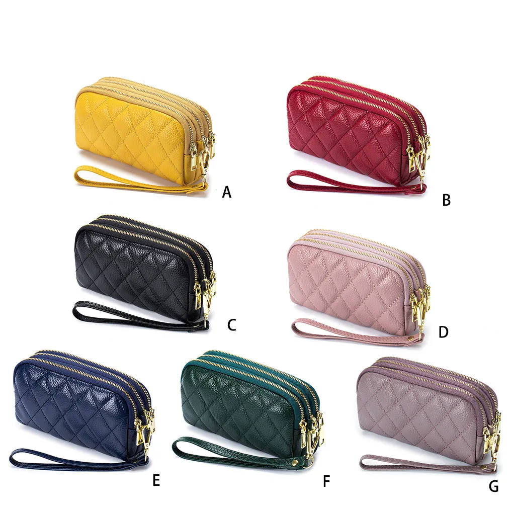 

Women Wallets with Wrist Strap PU Long Design Card Holder Three-Zipper Pocket Multi-card Purse Coin Keys Bag Wine