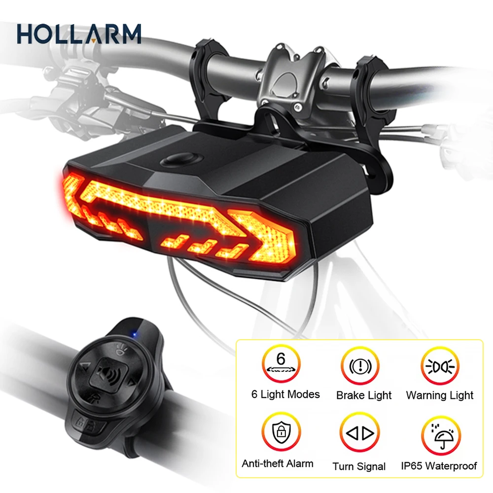 Hollarm 5 em 1 luzes de bicicleta com sinais de volta alarme anti-roubo farol inteligente à prova d\'água 6 modos de luz para segurança noturna