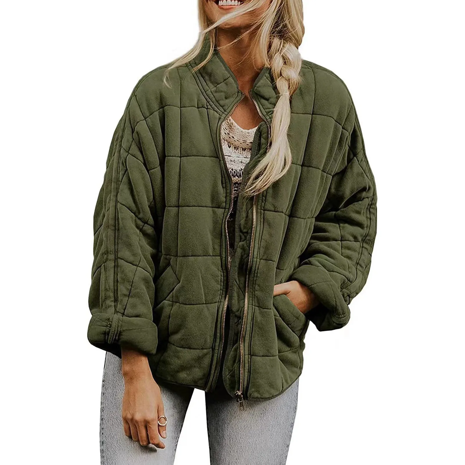 Casual Jackets Outerwears Autumn/Winter 2024 Vintage  Women\'s Neck Women Fashion Quilted  Female Pocket Padded Zipper Stand