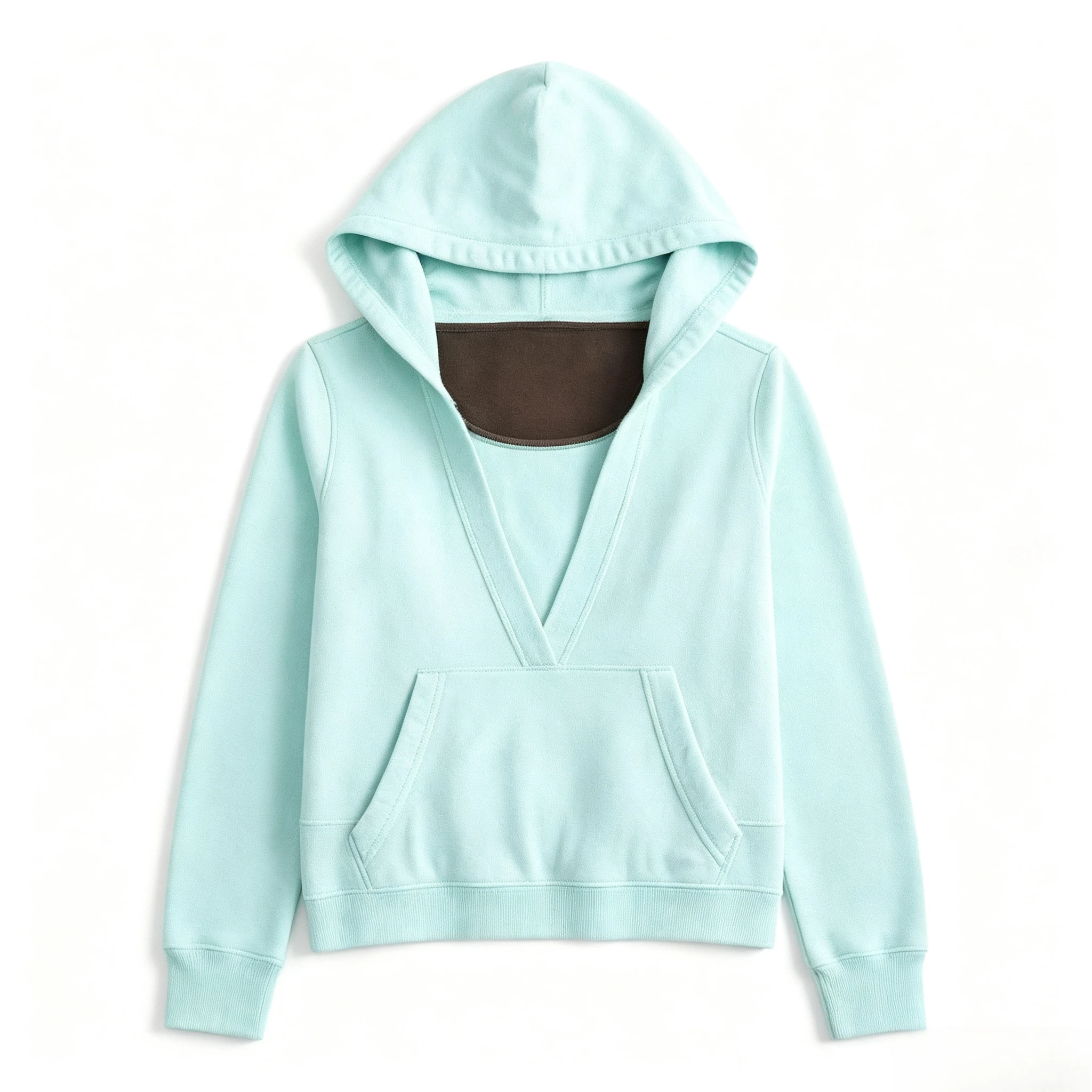 Multi Color Deep V Cropped Hoodie Long Sleeve Kangaroo Pocket Contrast Inner Soft Pullover Sweatshirt Daily Casual Outfit