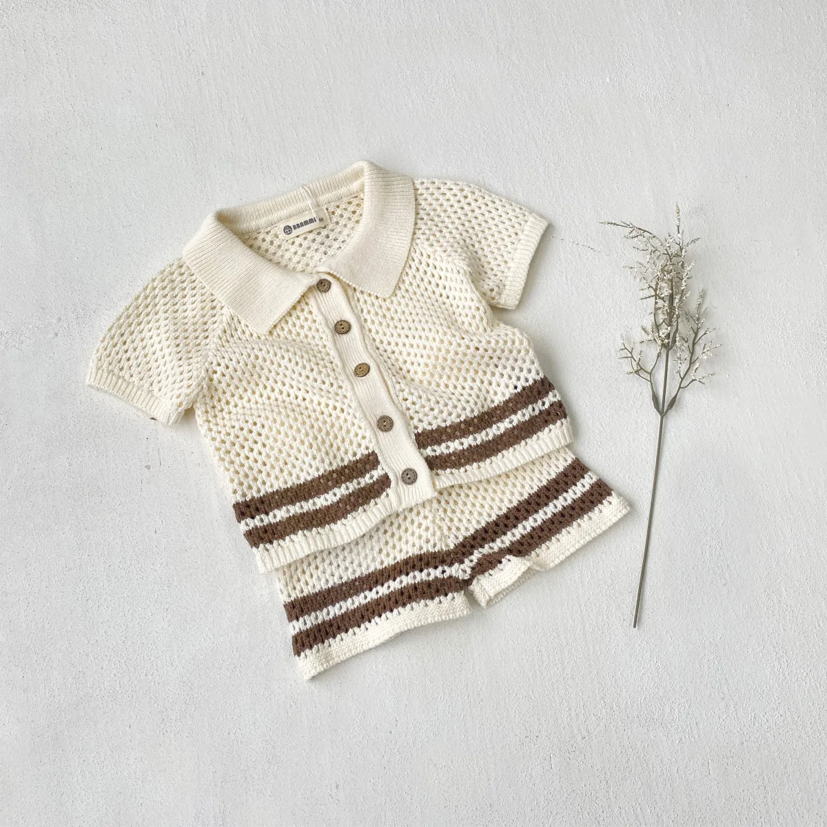 Baby Summer Hollow Lapel Crochet Knit Top & Shorts 2Pcs Set Infant Knitted Cardigan Separates Outfit Breathable For Daily Wear