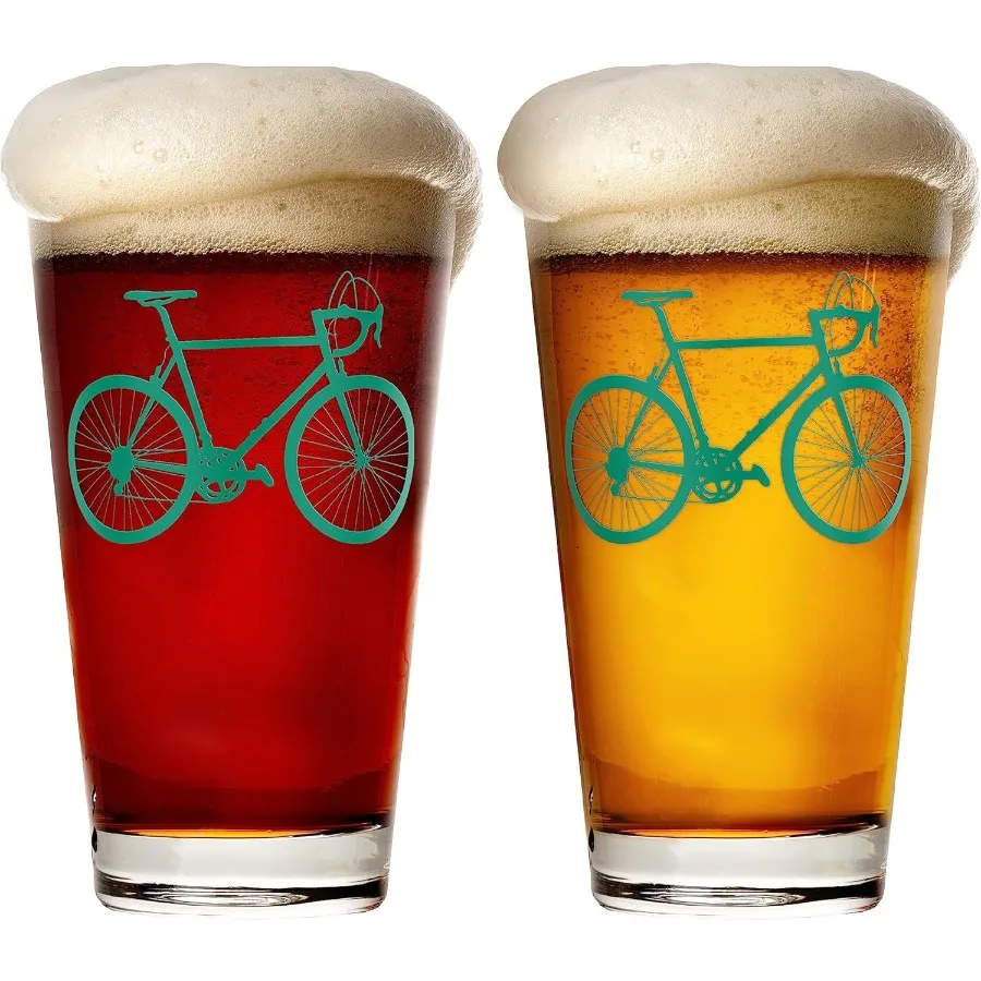 

Bicycle Beer Glasses Set of 2 16 oz Drinkware with Colorful Cyclist Designs for Cycling Enthusiasts and Bike Riders Premium Dec