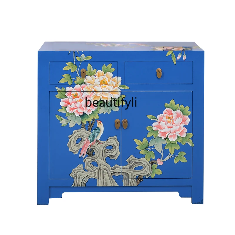 

large flower and bird cabinet solid wood dining side cabinet storage retro, Chinese-style painted antique entrance cabinet