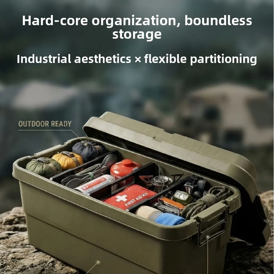 Stackable Camping Storage Box, Heavy-Duty Car Organizer with Dividers, Dual-Direction Latches and Thickened Impact-Resistant PP