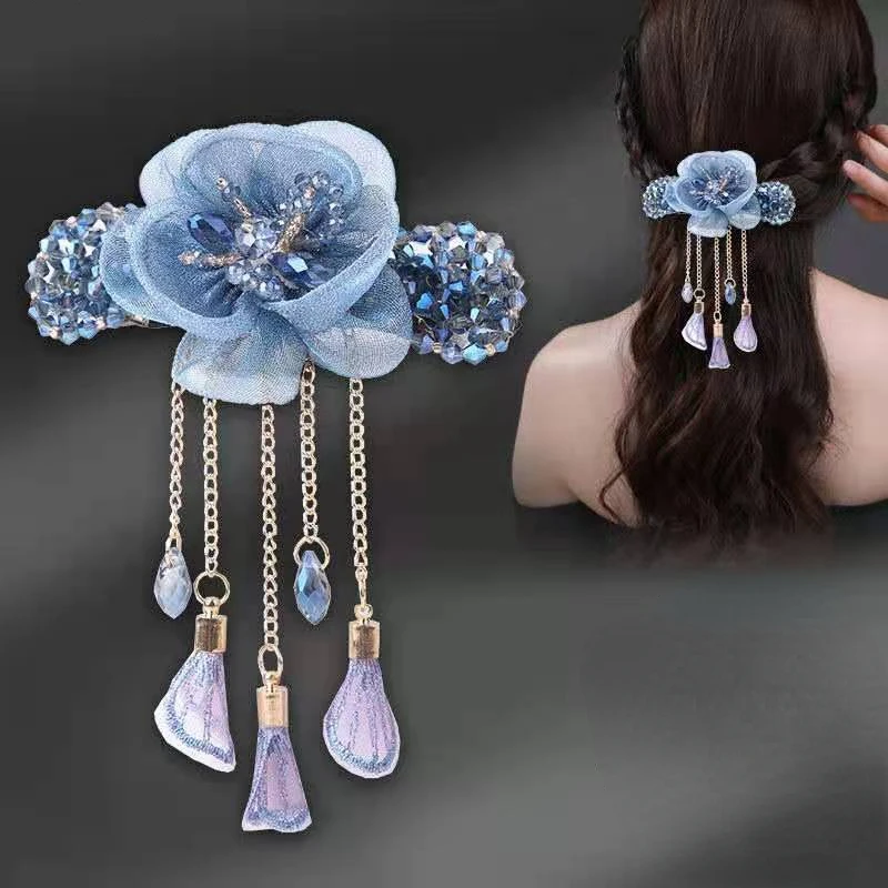 Fashion Tassels Flower Hairpin Hair Accessories for Women Retro Elegant Zircon Silk Spring Clips Mom\'s Headwear Jewelry Gifts