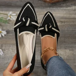 Women Flats 2024 New Knitted Slip on Loafers Breathable Comfortable Solid Color Shoes Casual Pointed Toe Walking Sneakers Women