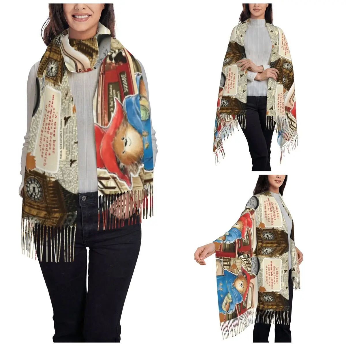 Britain Paddington Brown Bear Scarf Women's Fall Winter Cashmere Shawl Wrap Cute Movie Cartoon Long Large Scarves with Tassel