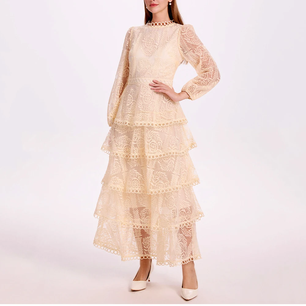 Elegant Heavy Embroidery Lace Round Neck Long Sleeve Maxi Dress Multi Tiered Ruffle Cake Skirt Soft Lined for Romantic Evening