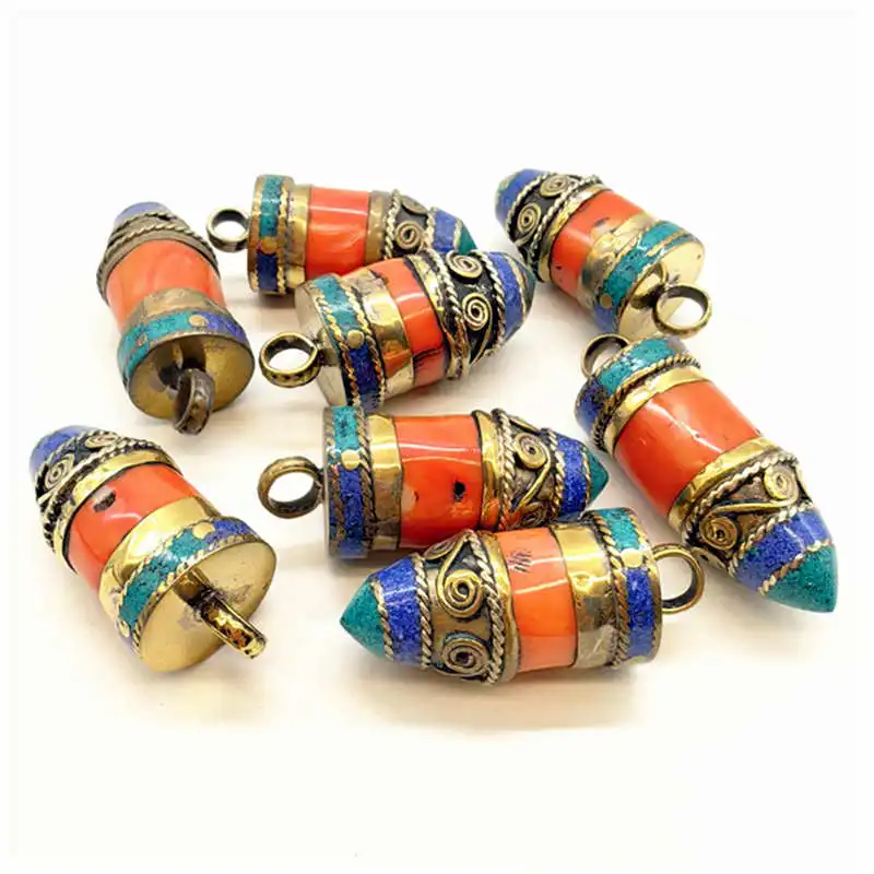 TBP297 Tibetan Amulet Nepal Brass Inlaid Red Bamboo Coral Bullet Pendants for Man